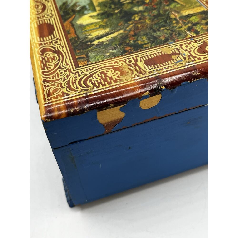 Vintage Cedar Wood Box Hinged Lid Decoupage Mediterranean Scene Blue Paint AS IS - Picture 10 of 14
